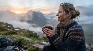 Using the best enamel mug for campfire brewing morning tea during a damp Highland trek