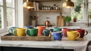A vibrant set of best espresso cups arranged neatly on a modern kitchen counter in London