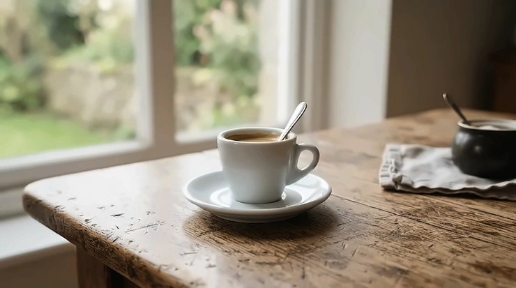 Traditional white porcelain best espresso cups resting on matching saucers