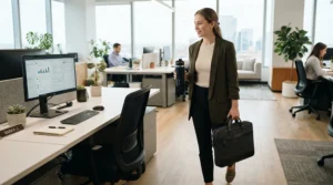 A commuter arriving at their desk with one of the best lidded mugs for office daily routines.