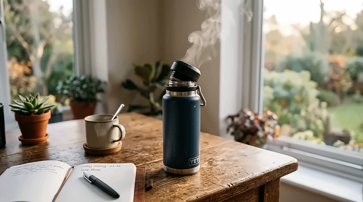 A close-up showing how the best lidded mugs for office use keep hot drinks warm for hours.