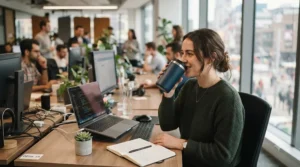 Staying focused in a busy corporate hub using the best lidded mugs for office shared desks.