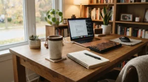 Setting up a home study space with the best lidded mugs for office style remote working.