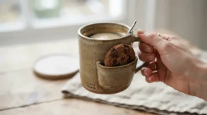 Close up of the best novelty mug gift set showing the biscuit holder