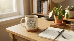 Stylised best novelty mug gift set styled on a home office desk