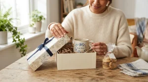 Unboxing the best novelty mug gift set on a wooden kitchen table
