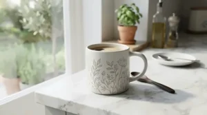 Ceramic engraved mug for him shown in a kitchen setting