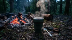 Silicone collapsible mugs for hiking resting on a flat rock beside a Lake District campfire
