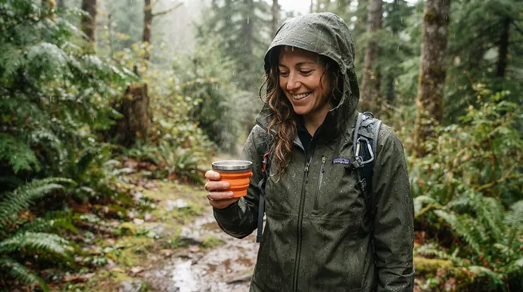 Hiker using collapsible mugs for hiking during a wet day on a Welsh footpath