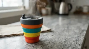 Steaming hot drink in collapsible mugs for hiking on a Peak District rocky outcrop