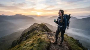 A hiker enjoying tea from collapsible mugs for hiking overlooking a misty Scottish glen