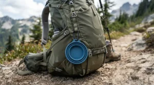 Close-up of a foldable camping mug attached securely to a backpack for hiking