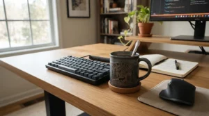 Men's engraved mug for him sitting on a home office workspace