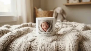Personalised photo mug highlighting a baby milestone picture with rapid next day delivery