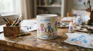 Children's drawing turned into a personalised picture mug with next day delivery