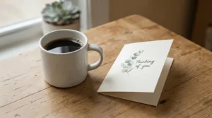 Affordable novelty mugs for Secret Santa displayed on a table alongside a festive greeting card.