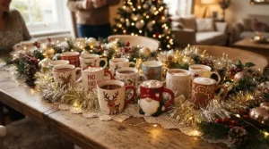 Festive decorations and novelty mugs for Secret Santa arranged on a table during the annual office party.