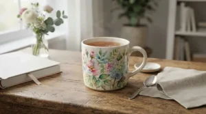 Personalised name mug featuring a delicate floral watercolour pattern on white ceramic