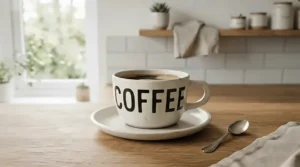 Personalised name mug displayed on a saucer with bold modern typography