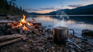 Hot brew in a titanium mug for backpacking beside a crackling campfire in the Lake District.