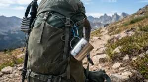 An ultralight titanium mug for backpacking clipped to the outside of a long-distance trail pack.
