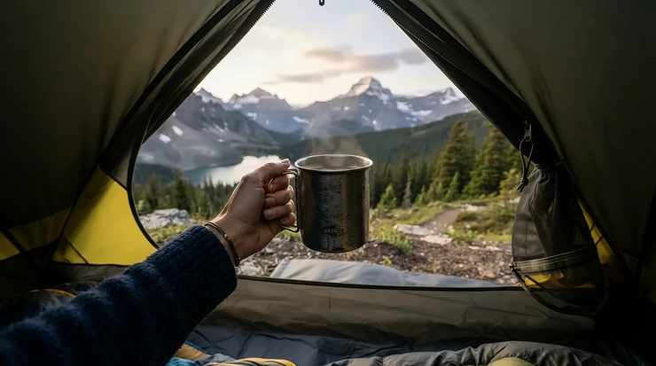 A warm titanium mug for backpacking held inside the door of a lightweight trekking tent.