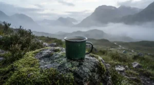 A titanium mug for backpacking resting on a mossy rock in the Scottish Highlands with misty hills behind.