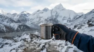 A durable titanium mug for backpacking held by a hiker in a winter mountain landscape.