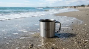 A clean titanium mug for backpacking showing excellent corrosion resistance after coastal hiking.