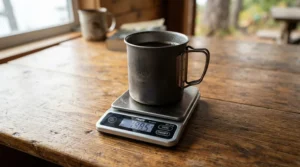 A titanium mug for backpacking placed on digital kitchen scales for gram-counting gear lists.