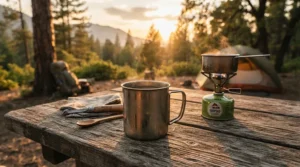 Close-up of an affordable outdoor mug resting on a rustic wooden picnic bench next to a portable stove