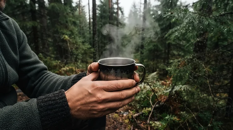 Steam rising from a hot beverage inside one of the top camping mugs under £20 set against a pine forest background