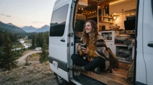 A traveller sitting on the open back doors of a campervan enjoying a hot drink from a sturdy mug