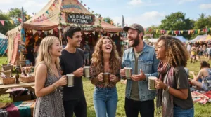 Friends gathered around a brightly coloured tent with a cheap camping mug during a sunny weekend music event