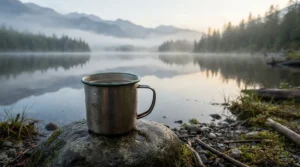 A morning coffee scene by a serene lake shore featuring a reliable camping mug on a flat rock