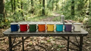 A value pack of colourful camping mugs arranged neatly on a camp kitchen table ready for a group trip