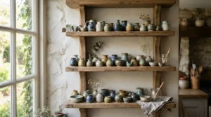 Hand-glazed stackable espresso cups arranged artfully on rustic wooden open kitchen shelving.