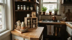 Minimalist stackable espresso cups saving precious counter space in a small galley kitchen.