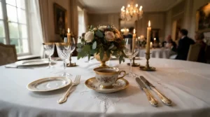 Sophisticated espresso cup and saucer sets integrated into a formal dinner party table setting