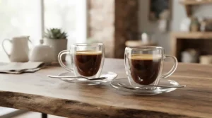 Transparent glass espresso cup and saucer sets showing rich dark coffee crema