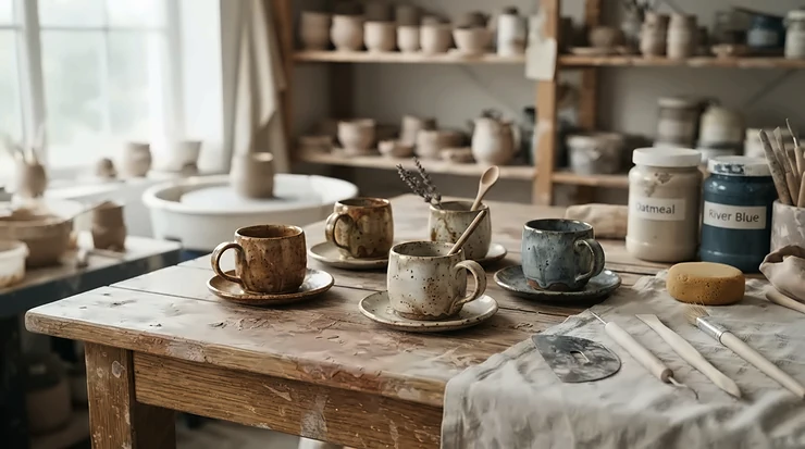 Artisanal handcrafted pottery espresso cup and saucer sets showcased in a ceramicist studio