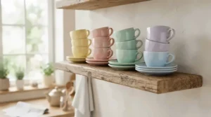 Colorful matching espresso cup and saucer sets stacked neatly on an open kitchen shelf