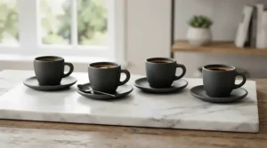 Matt black minimalist espresso cup and saucer sets on a sleek marble kitchen surface