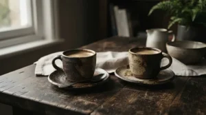Contemporary stoneware espresso cup and saucer sets styled on a rustic wooden dining table