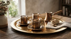 Traditional espresso cup and saucer sets served on an ornate brass tray during a coffee ceremony