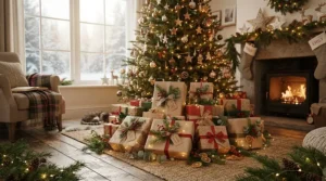 Festive scene featuring espresso cups for coffee lovers gift beside a wrapped Christmas present and a twinkling tree.