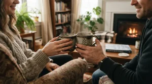 Two people enjoying a weekend break together using their espresso cups for coffee lovers gift at home.