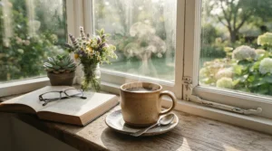 A cosy morning routine highlighting stylish espresso cups for coffee lovers gift on a kitchen windowsill.