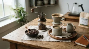 Espresso cups for coffee lovers gift displayed alongside a fresh bag of artisan roasted coffee beans.