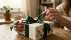 A smiling person unwrapping an exciting espresso cups for coffee lovers gift on a birthday morning.